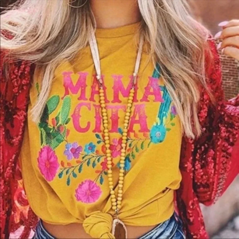 Mama Cita Graphic Tee – Mustard Yellow Boho Floral T-Shirt – NWT
